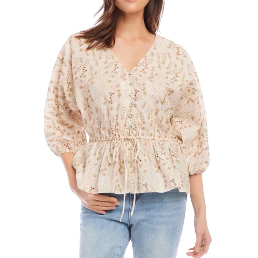 Karen Kane Embroidered Peplum Romantic Top Neutral Size Small